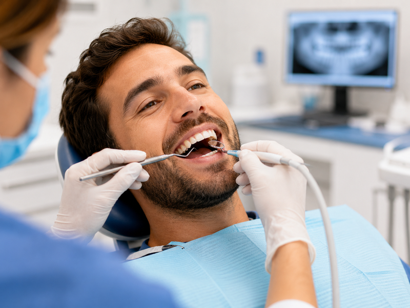 Paciente hombre durante una limpieza dental profesional